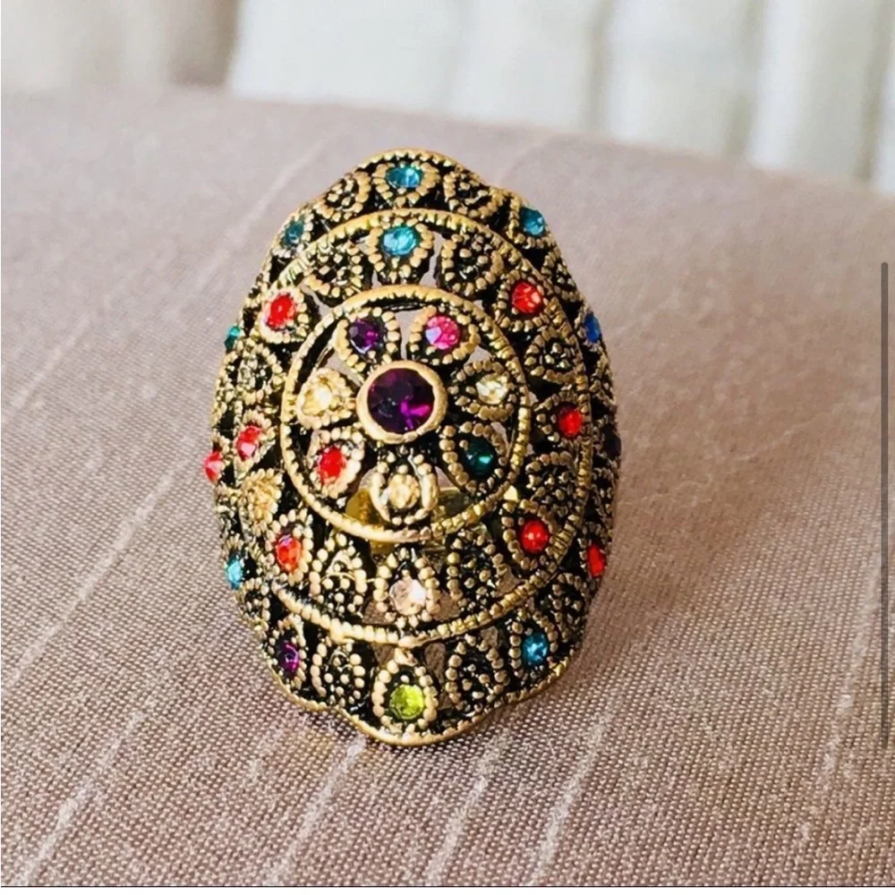✨ Turkish Multi Color Crystal Statement Cocktail Ring - Picture 2 of 12
